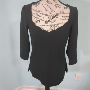 BOSTON PROPER Women's Blouse extra small Black 3/4 Sleeve Shirt scalloped neck